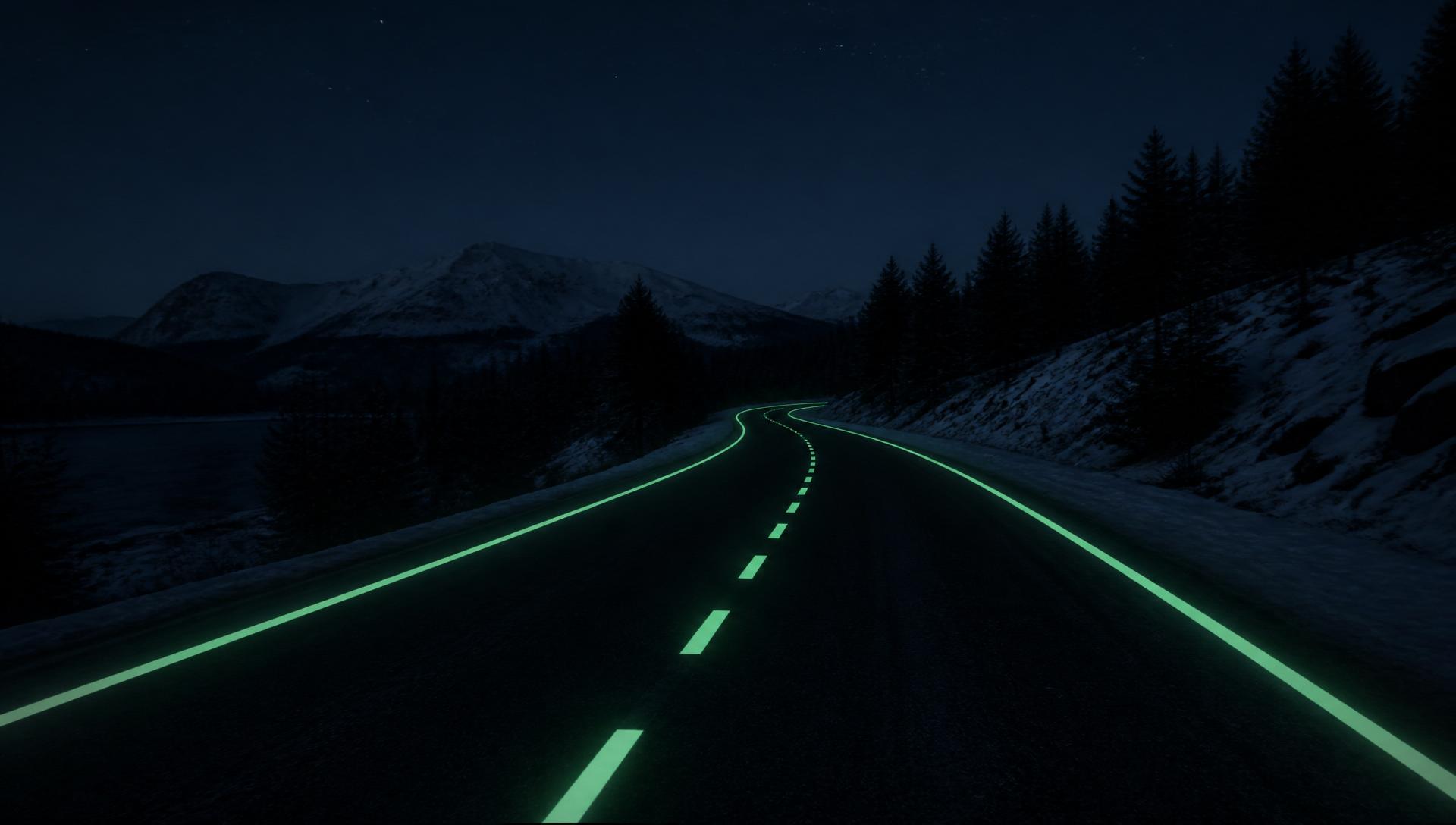 Glowing road marking on a Nordic night road